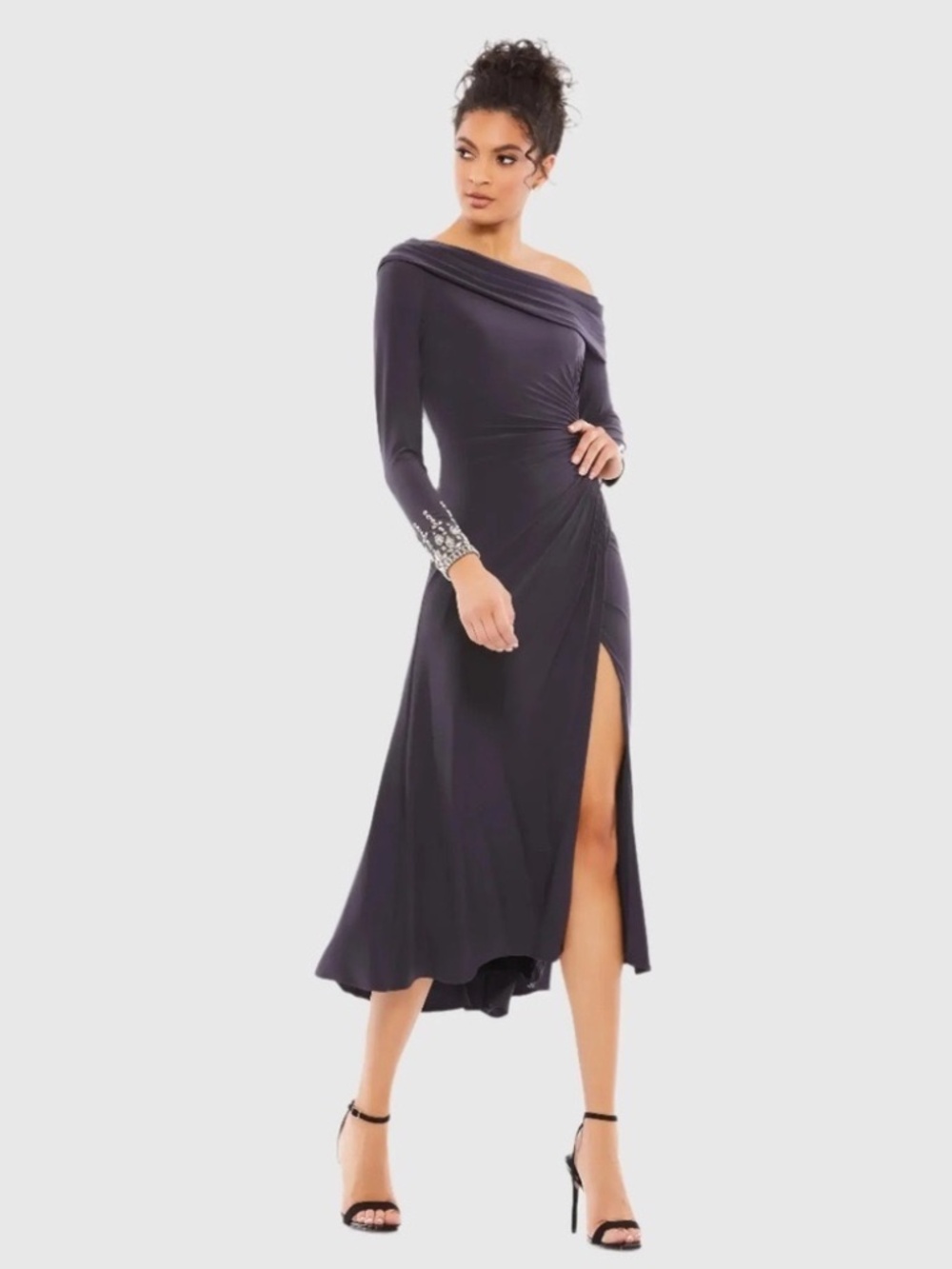 NWT MAC DUGGAL 264851 Charcoal  Foldover Long Sleeve Jeweled Midi Dress Size 10